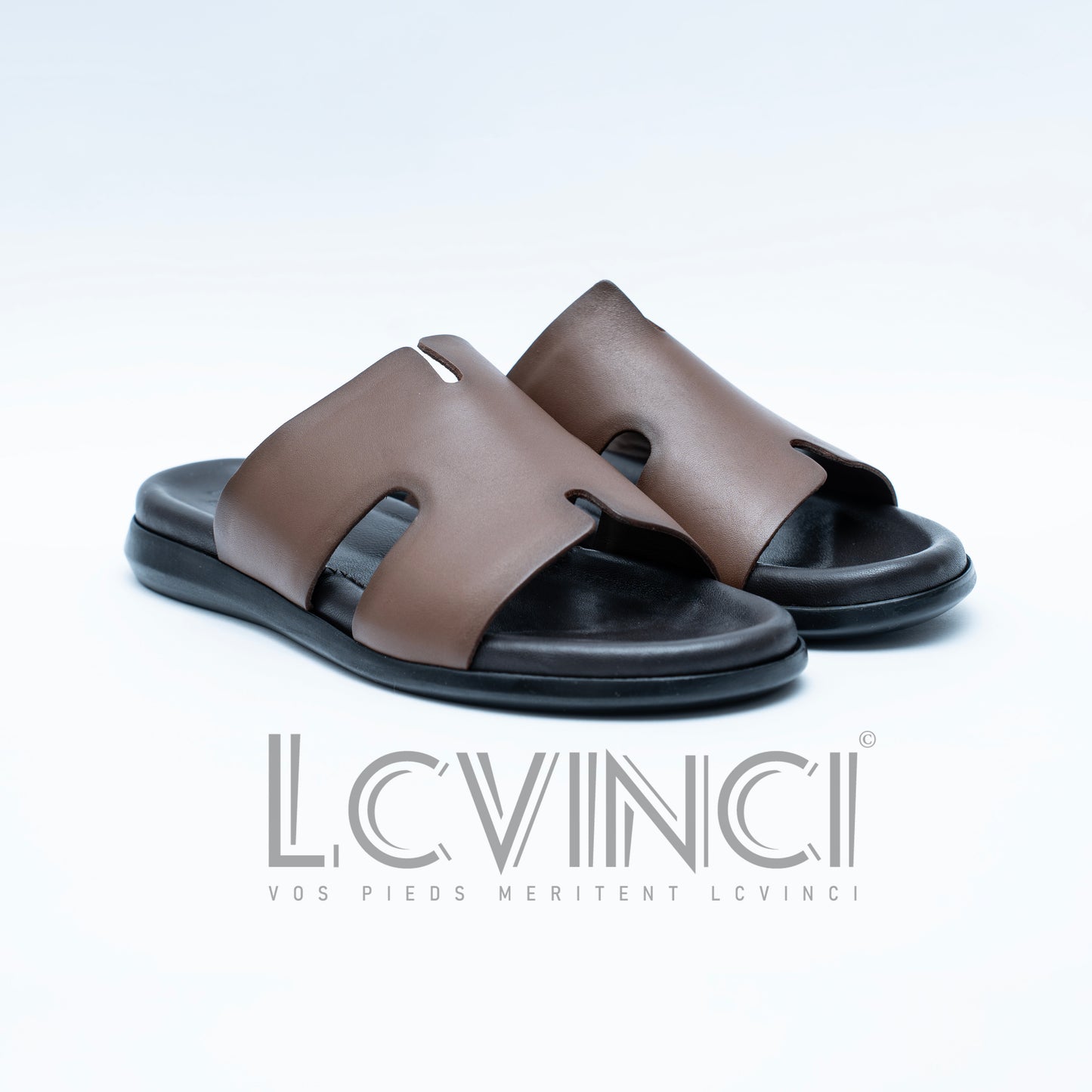 LCVINCI Hermes Marron – Mule Homme en Cuir Découpe Signature