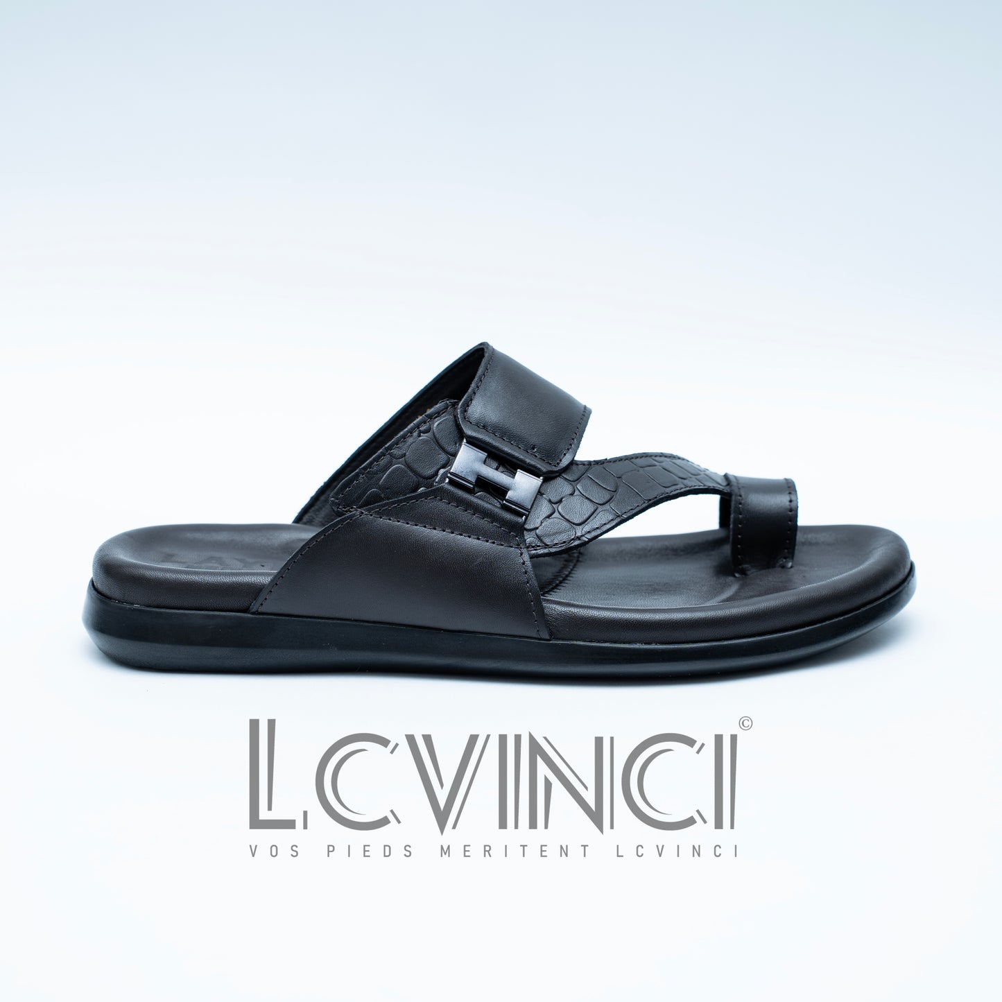 LCVINCI Nocturne Marron – Mule Homme en Cuir Effet Croco