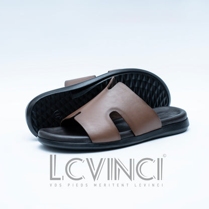 LCVINCI Hermes Marron – Mule Homme en Cuir Découpe Signature