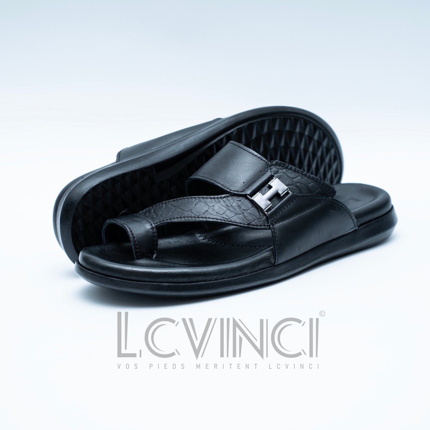 LCVINCI Nocturne Noir – Mule Homme en Cuir Effet Croco