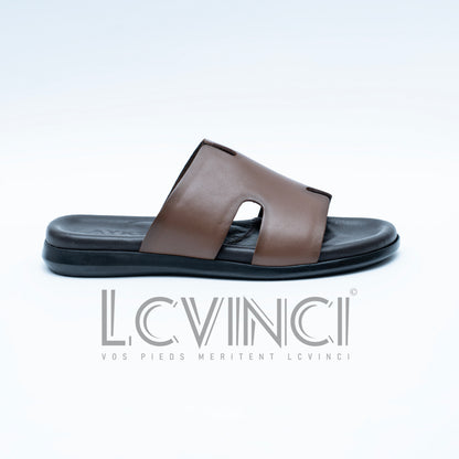 LCVINCI Hermes Marron – Mule Homme en Cuir Découpe Signature