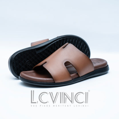 LCVINCI Hermes Tabac – Mule Homme en Cuir Découpe Signature