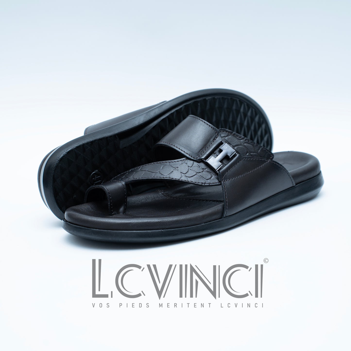 LCVINCI Nocturne Marron – Mule Homme en Cuir Effet Croco