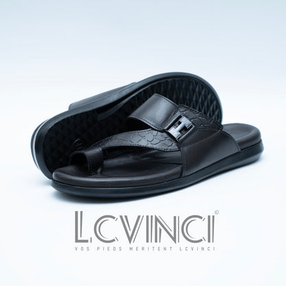 LCVINCI Nocturne Marron – Mule Homme en Cuir Effet Croco