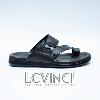 LCVINCI Nocturne Marron – Mule Homme en Cuir Effet Croco