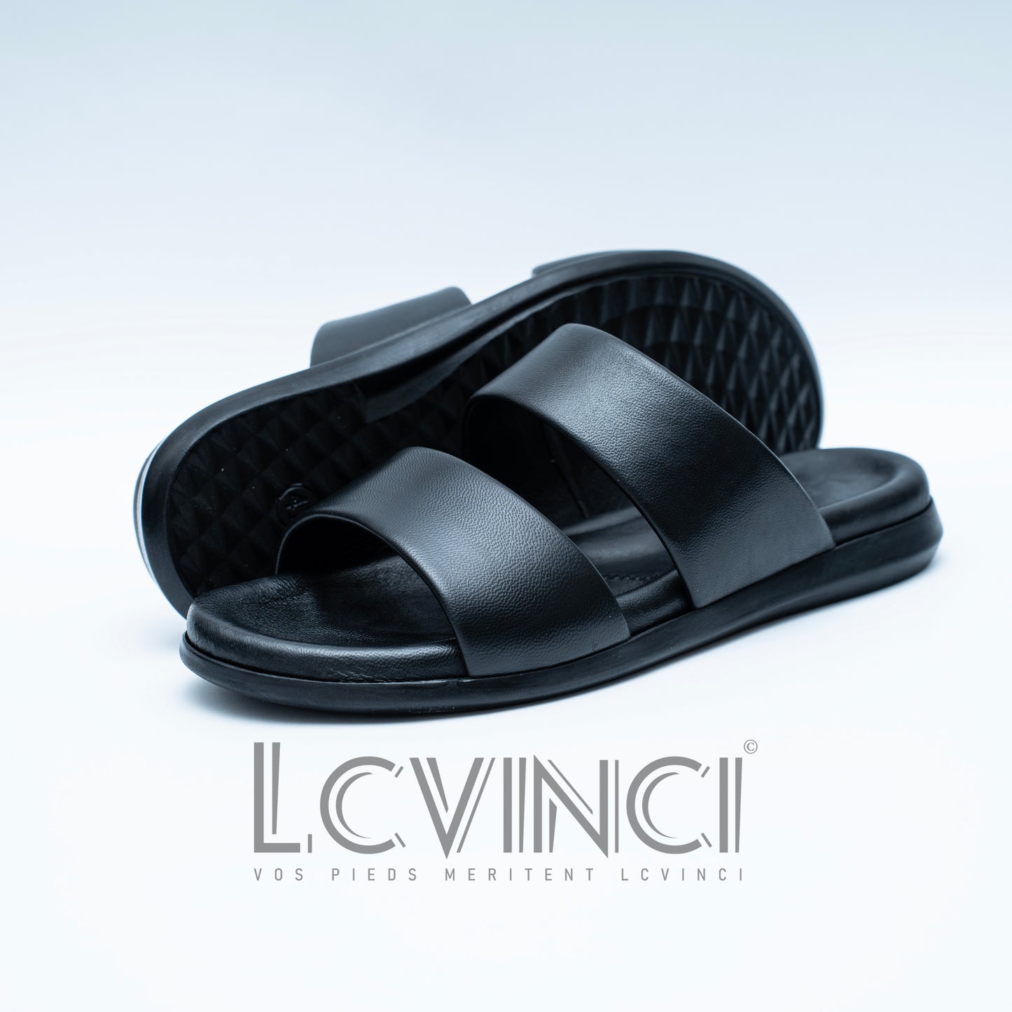 LCVINCI Double – Mule Homme en Cuir Noir à Double Bride