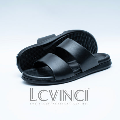 LCVINCI Double – Mule Homme en Cuir Noir à Double Bride