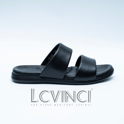 LCVINCI Double – Mule Homme en Cuir Noir à Double Bride